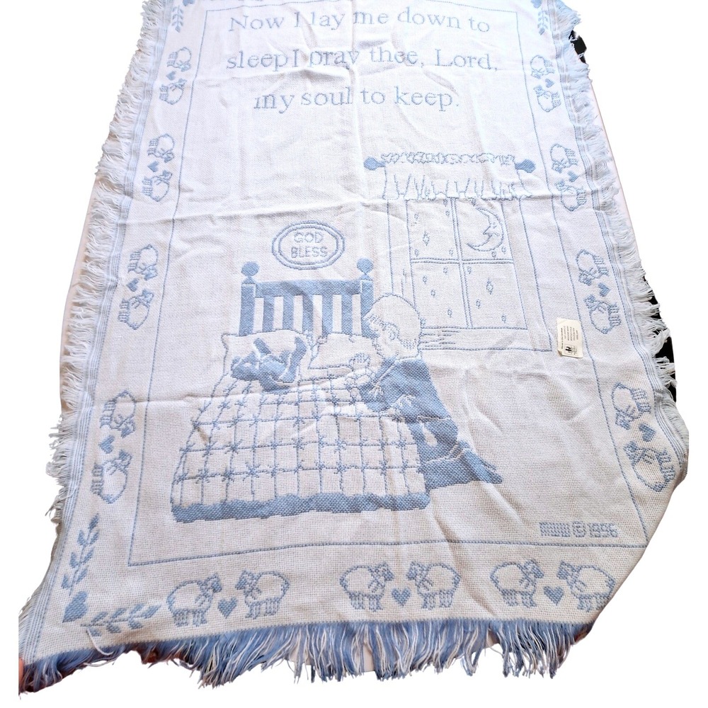 Vtg Baby Blanket Prayer Now I Lay Me Down to Sleep Lght Blue Wvn Tapestry Fringe